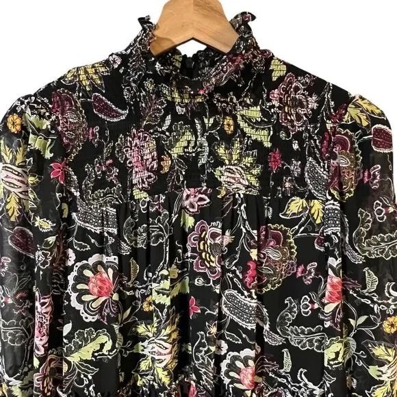CINQ A SEPT | Black Floral Ruffle Smocked Dress, Size 4, - Picture 7 of 15